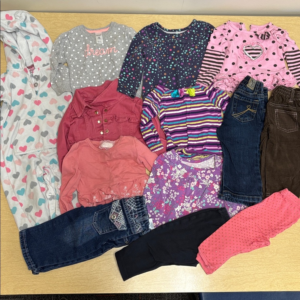 12 piece baby girl bundle; 12 months; mixed brands; winter, fall, spring